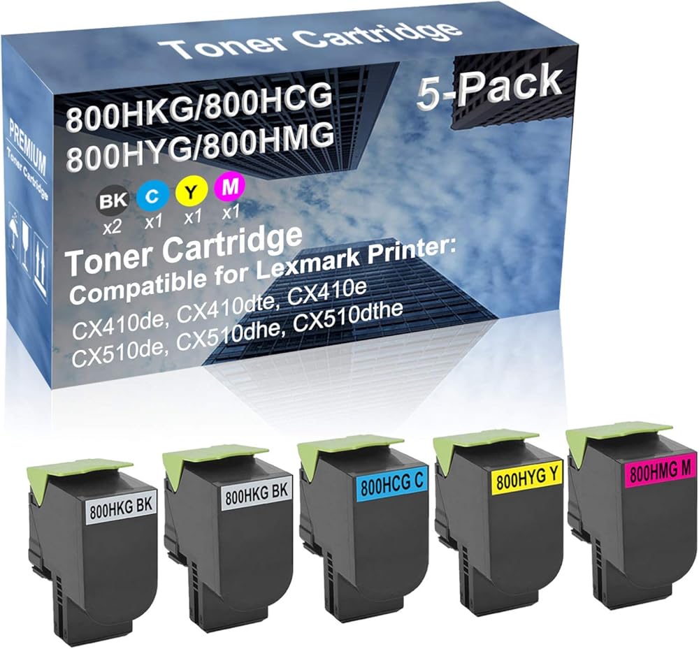 5-Pack (2BK+C+Y+M) Compatible CX410e, CX510de Printer Toner Cartridge High Capacity Replacement for 800HKG+ 800HCG+ 800HYG+ 800HMG Toner Cartridge