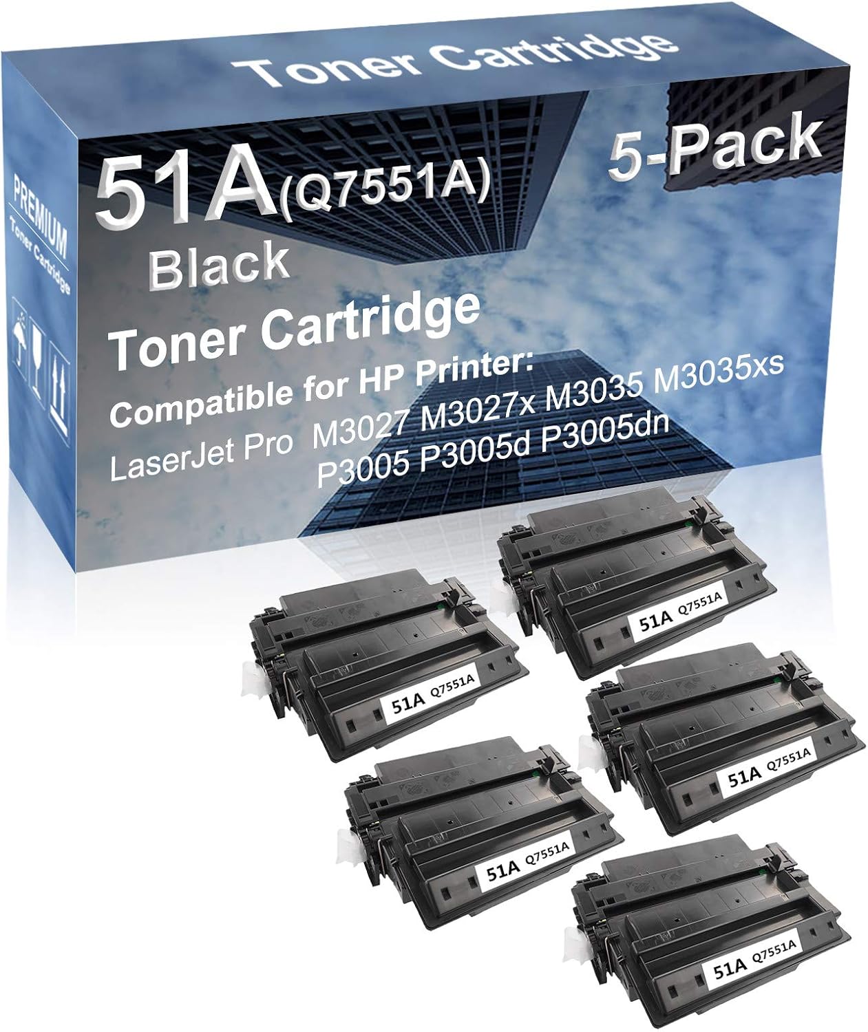 5-Pack Compatible High Yield M3035xs P3005 Printer Cartridge Replacement for (Q7551A) 51A Toner Cartridge (Black)