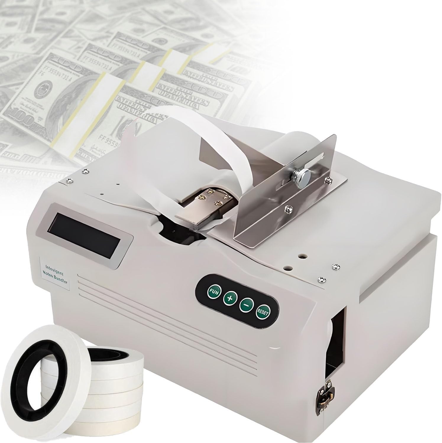 GLBMXDD LCD Display Paper Currency Bundle Machine,Intelligent Induction Automatic Paper Tape Binding Machine,with 20 Rolls of Paper Tape for Albums,Food, Cards, etc