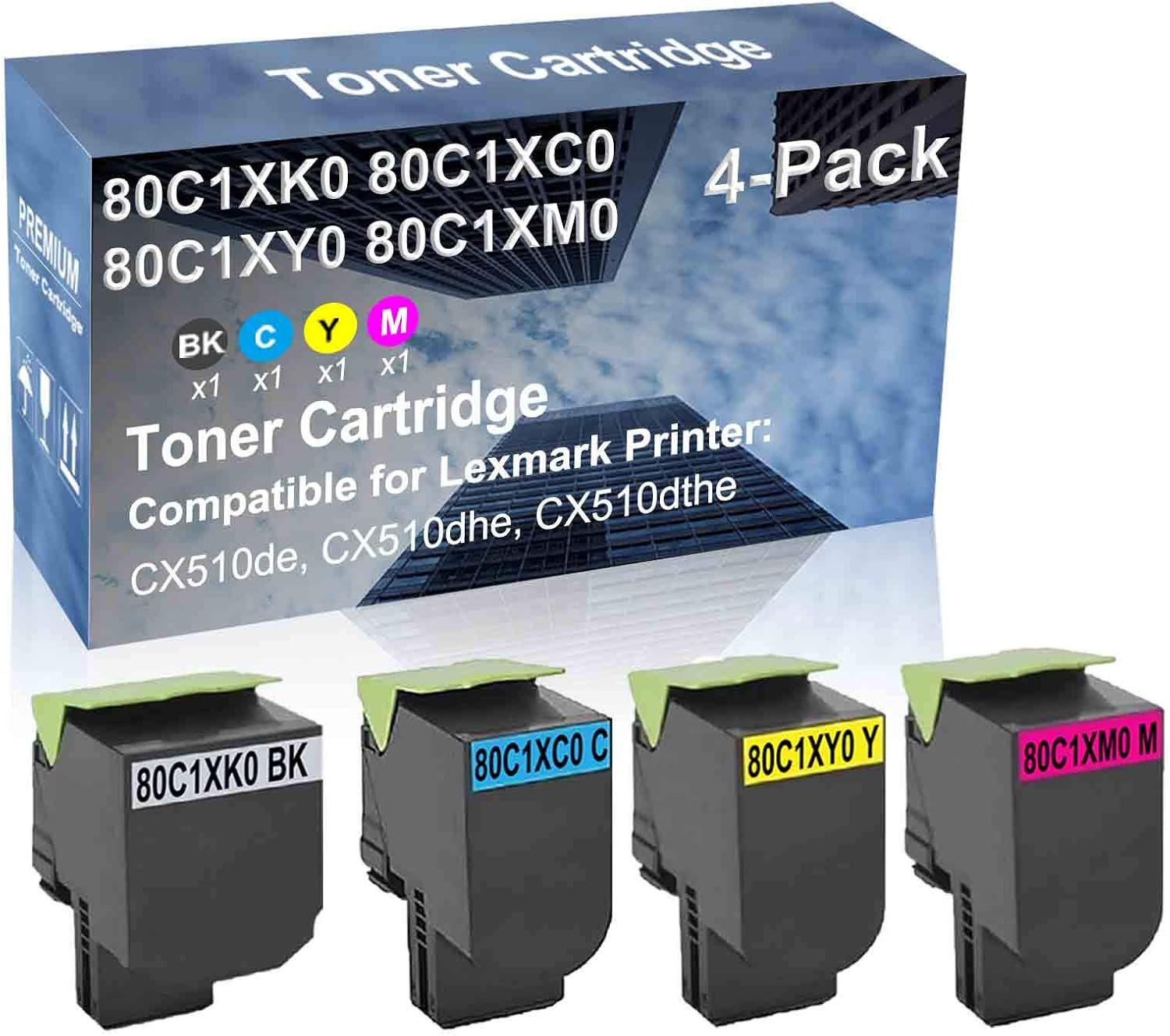 4-Pack (BK+C+Y+M) Compatible High Yield 80C1XK0+ 80C1XC0+ 80C1XY0+ 80C1XM0 Laser Printer Toner Cartridge Used for CX510de, CX510dhe, CX510dthe Printer
