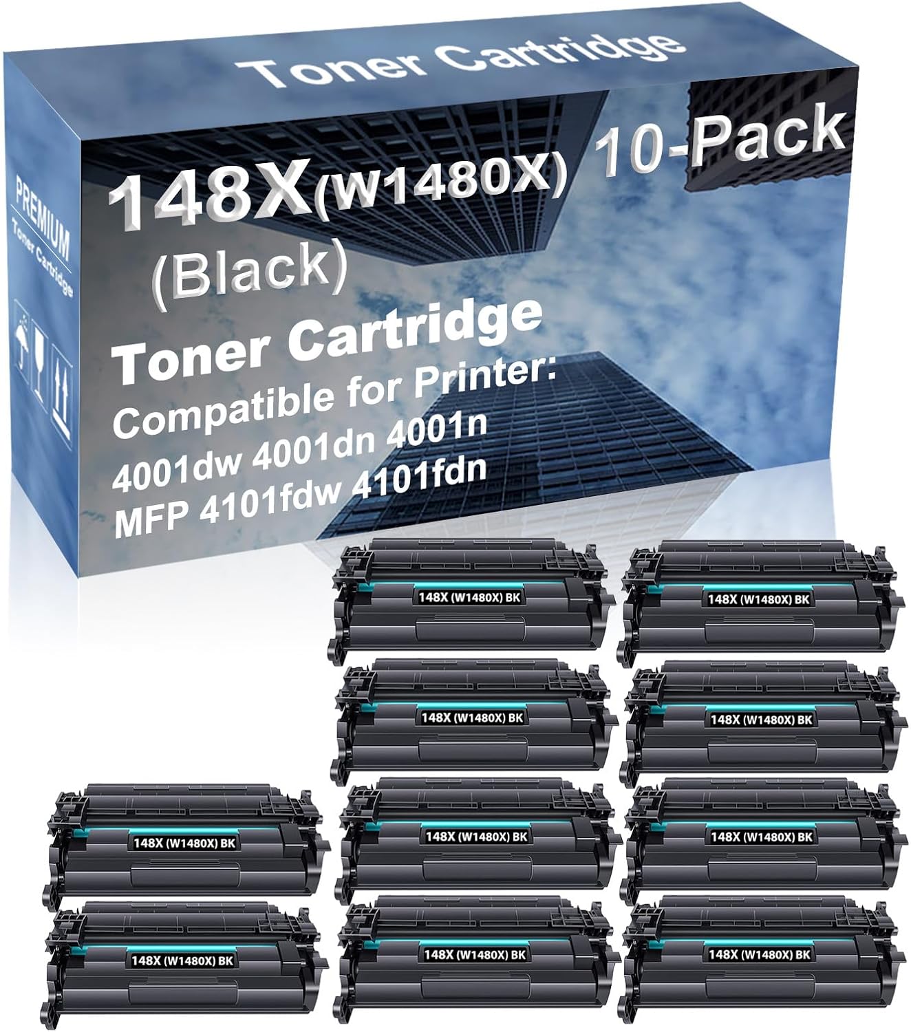10-Pack Compatible High Capacity 148X (W1480X) Printer Cartridge use for 4001dw 4001dn 4001n MFP 4101fdw 4101fdn Printer (with Chip Black)