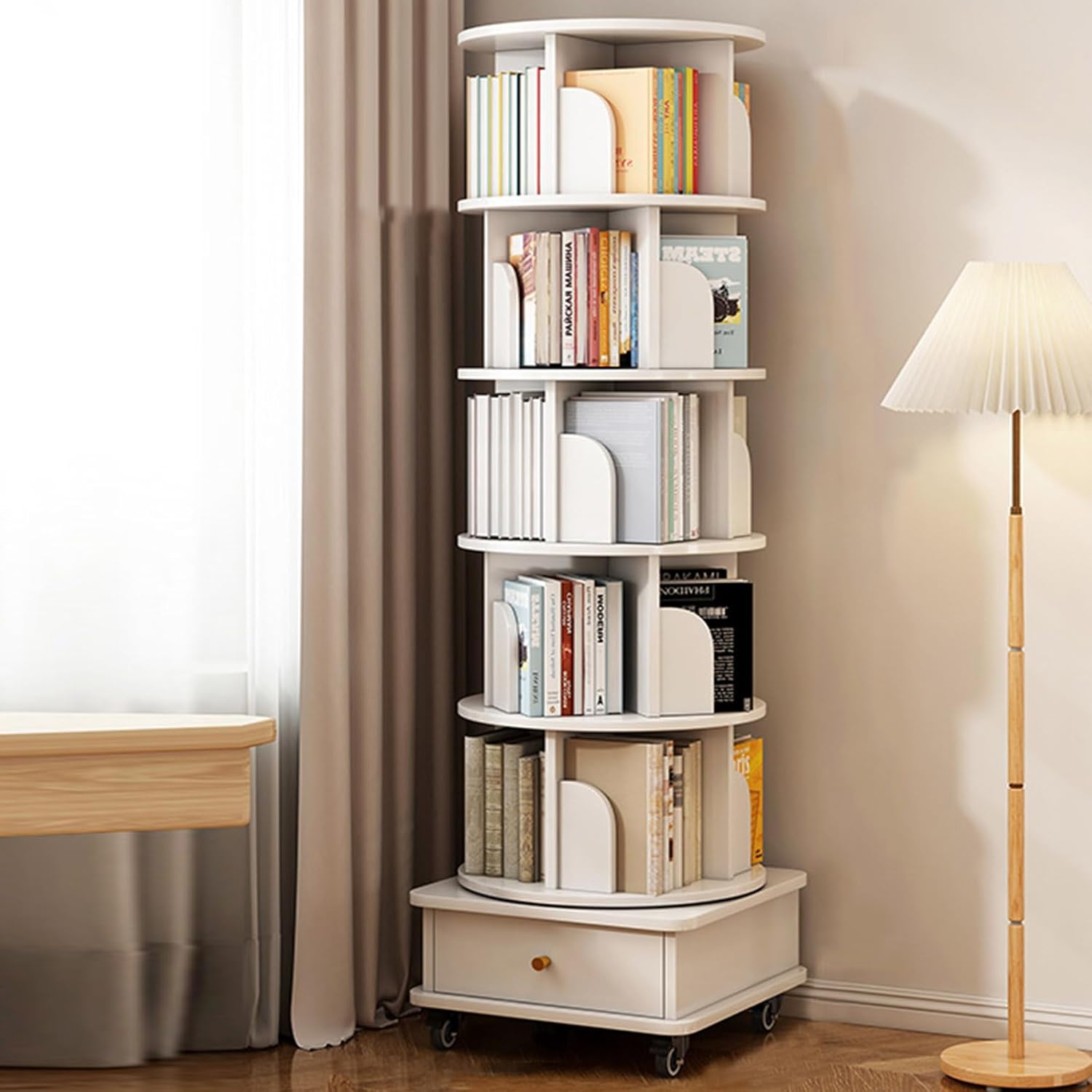 GaRcan Bookshelf with Storage Drawer | Corner Rotating Bookshelf | 360 Display 5/6 Tier Revolving Bookcase with Brake Wheels for Bedroom Living Room Study Room (White 6 Layer)