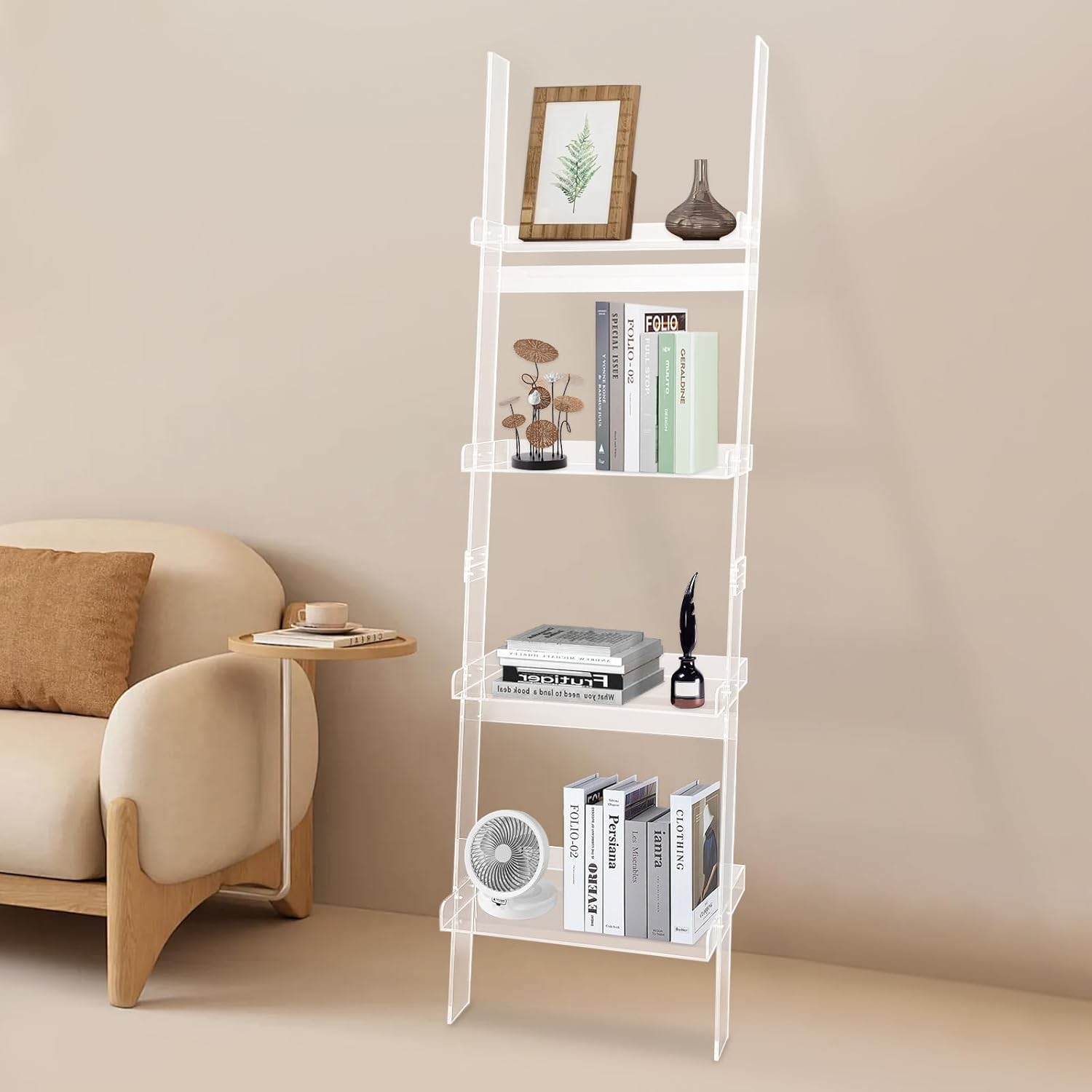 DYRABREST Acrylic Ladder Bookshelf 4-Tier Clear Book Shelf Large Storage Organizer Shelf Multipurpose Bookcase Corner Display Shelf for Living Room, Bedroom, Office, 20.47
