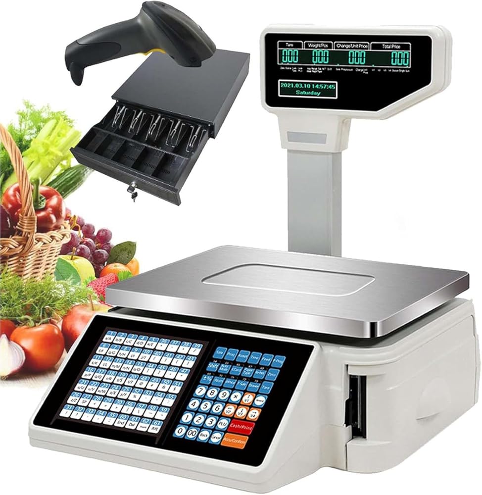 EliteBloom Price Label Printing Scale,Commercial Weight Calculator Barcode Scales,Electronics Barcode Thermal Printer,Double Sided Display,30kg/60lbs,Machine+Scanner,Machine+Scanner+cashbox