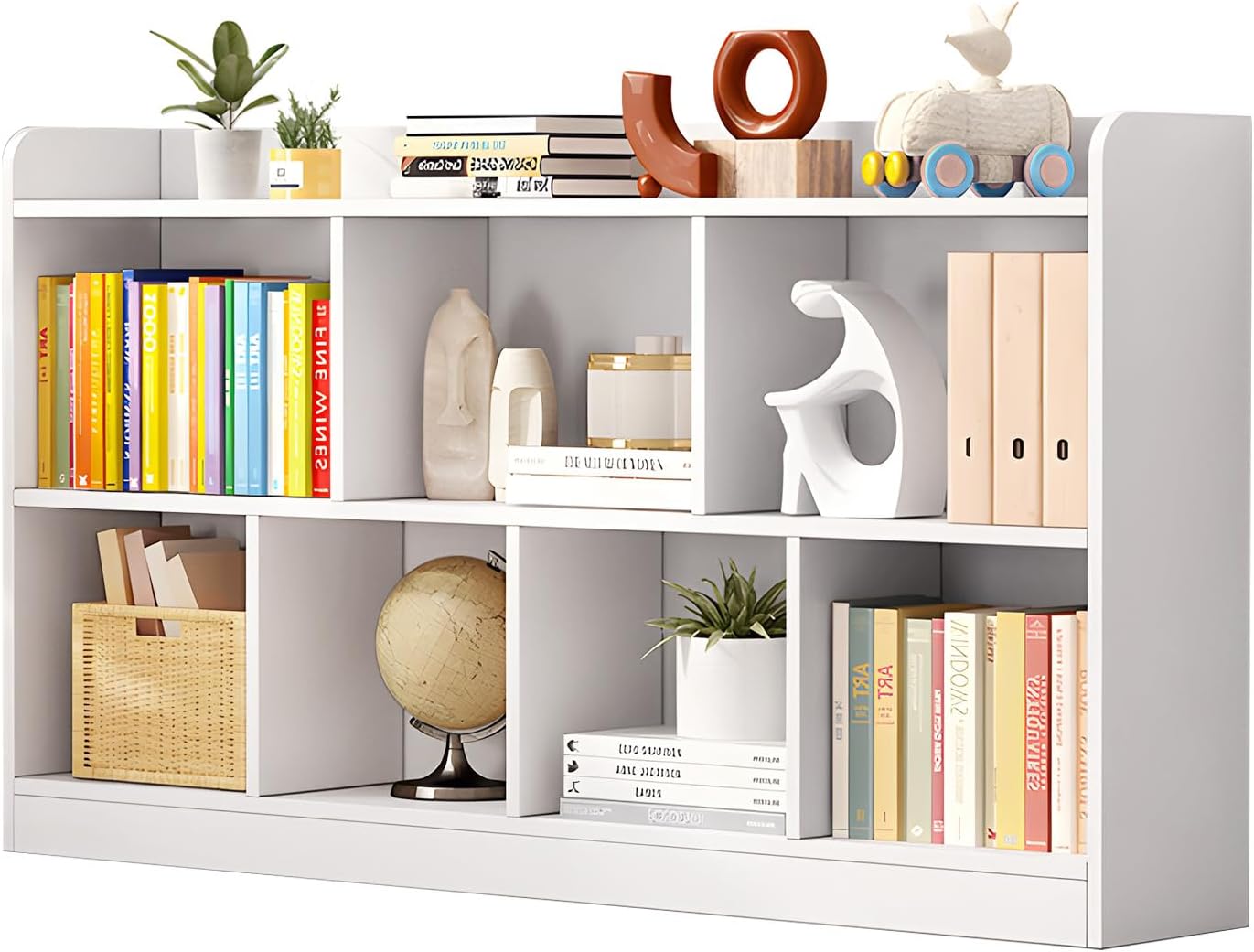 Cube Bookcase, 2 Open Shelf 7 Cube Storage Organizer Book Shelves, Floor Standing Horizontal Bookshelf, Short Long Storage Cabinet Solid Wood Book Shelf, Modern Low Bookcases for Living Room Study