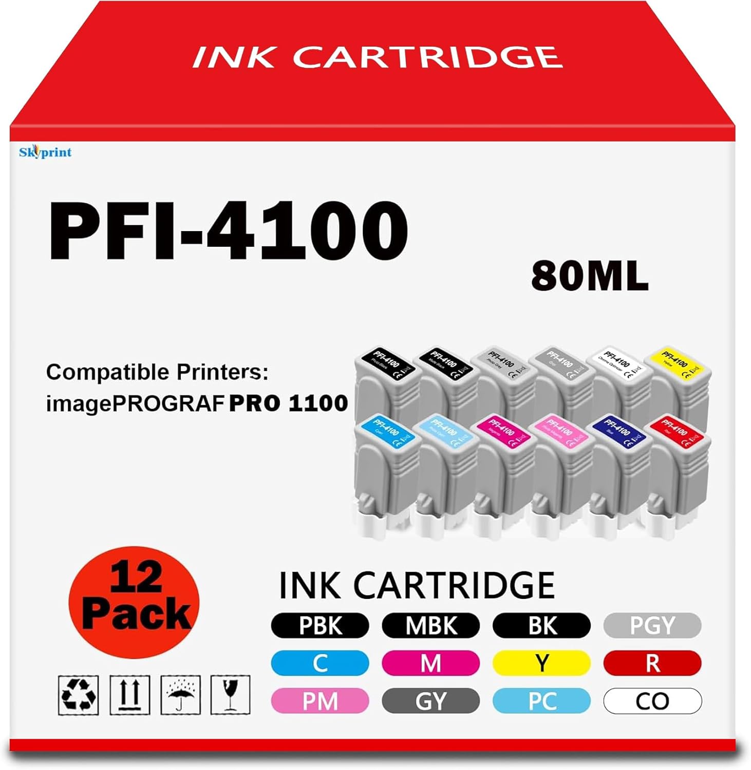 PRO-1100 PFI4100 Ink Cartridge Compatible with Canon PFI-4100 Ink Cartridges for use in Canon imagePROGRAF PRO-1100 Printer Ink 12 Color Pack Pro1100 Ink (MBK/PBK/C/M/Y/R/GY/B/PGY/PC/PM/CO)