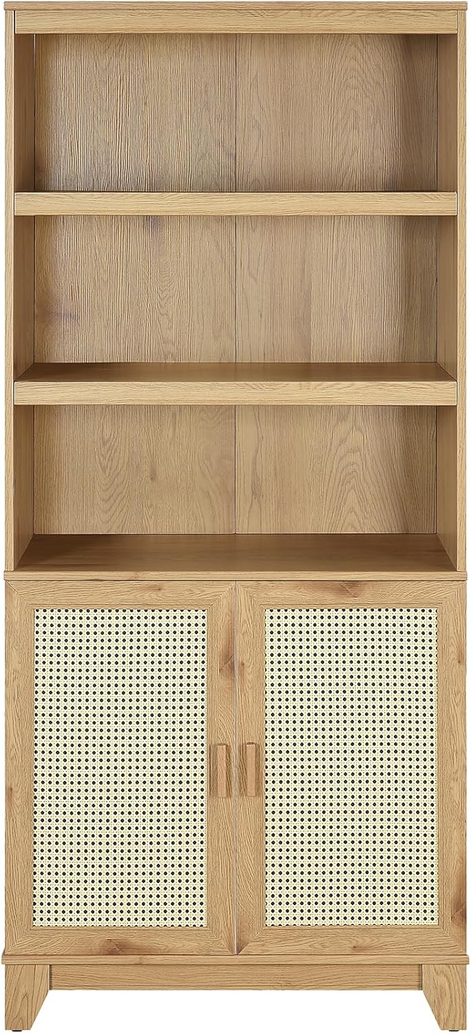Manhattan Comfort Sheridan Bookshelf with Adjustable Shelves, Bookcase with Concealed Storage and Rattan Soft Close Doors 3 Tier Display Cabinet for Living Room, Home Office, or Bedroom in Natural Oak