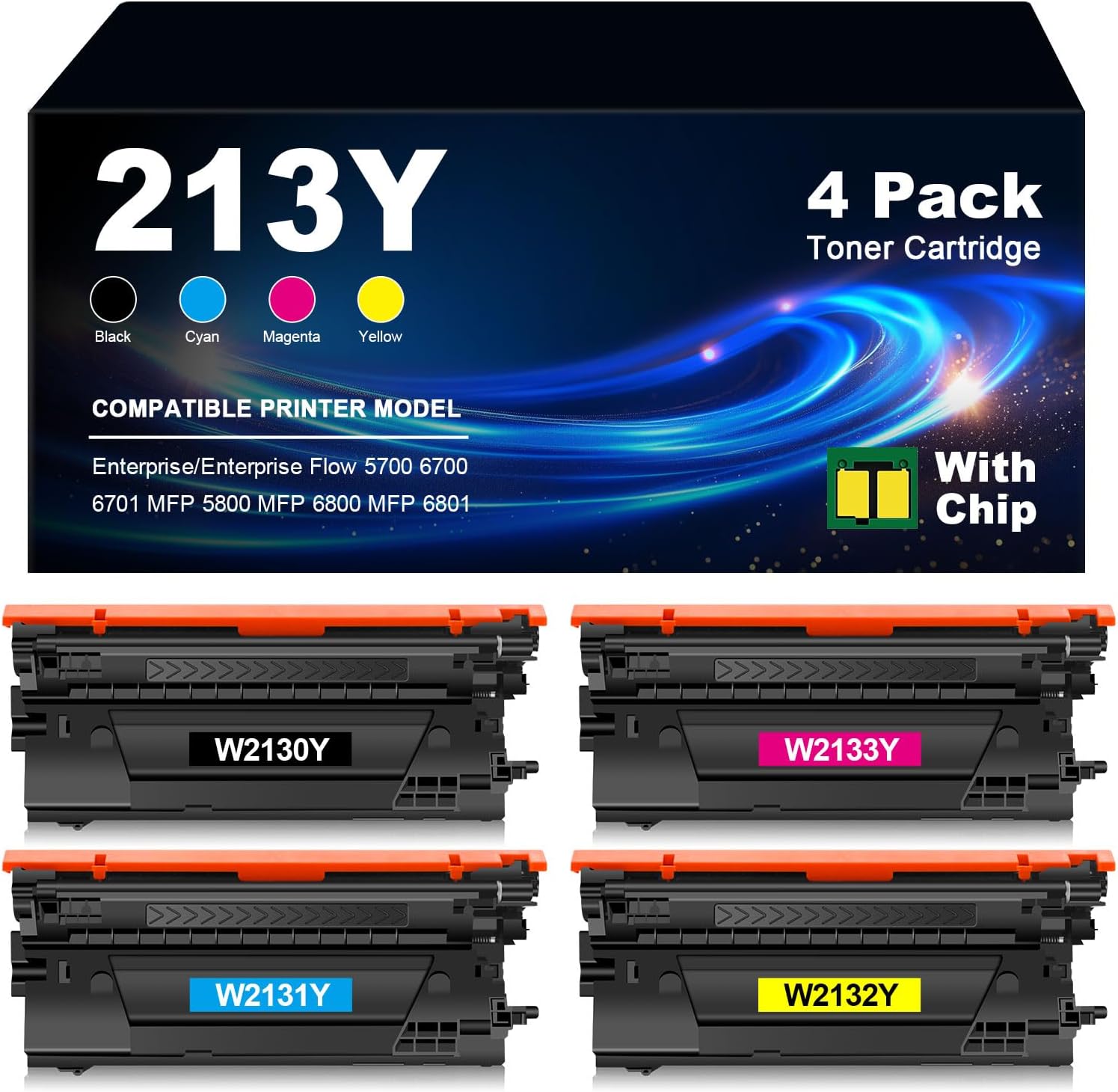 Extra High Capacity 213Y Toner Cartridge Remanufactured Replacement for 213 W2130Y W2131Y W2132Y W2133Y 213A 213X for HP Color LaserJet Enterprise 5700 6700 6701 MFP 5800 6800 6801 Printer (BK/C/Y/M)