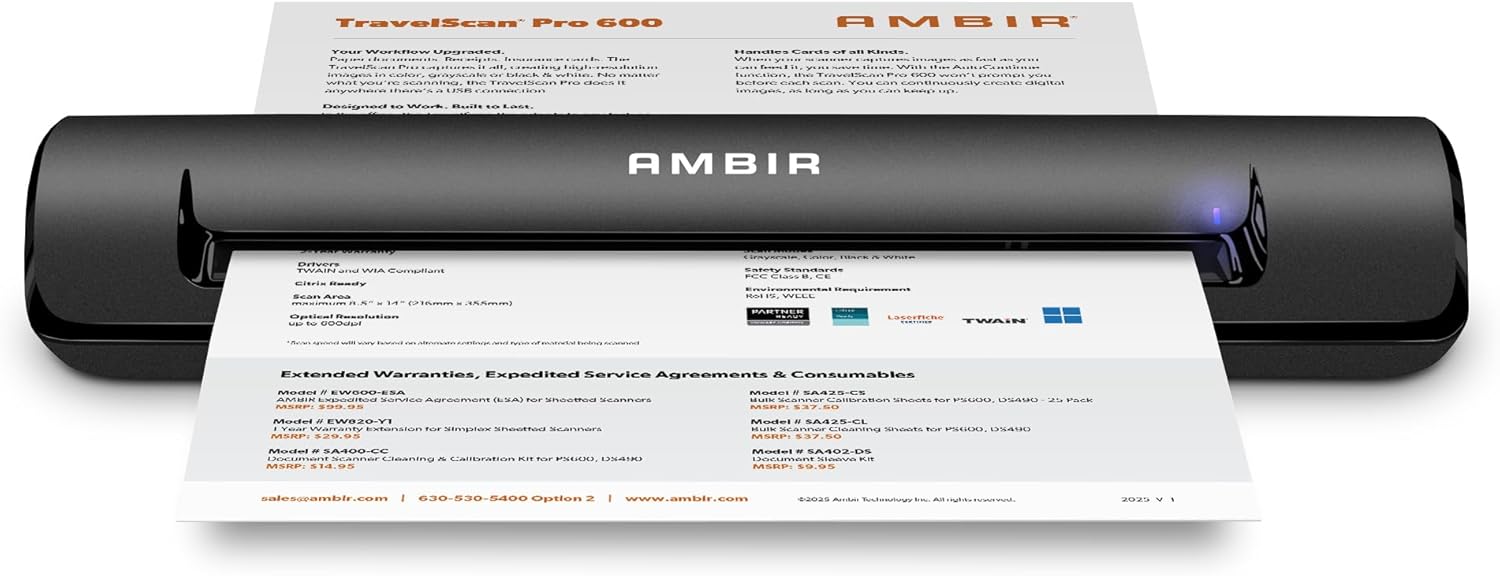 Ambir TravelScan Pro 600 (PS600-AS) Simplex Document Scanner and Card Scanner