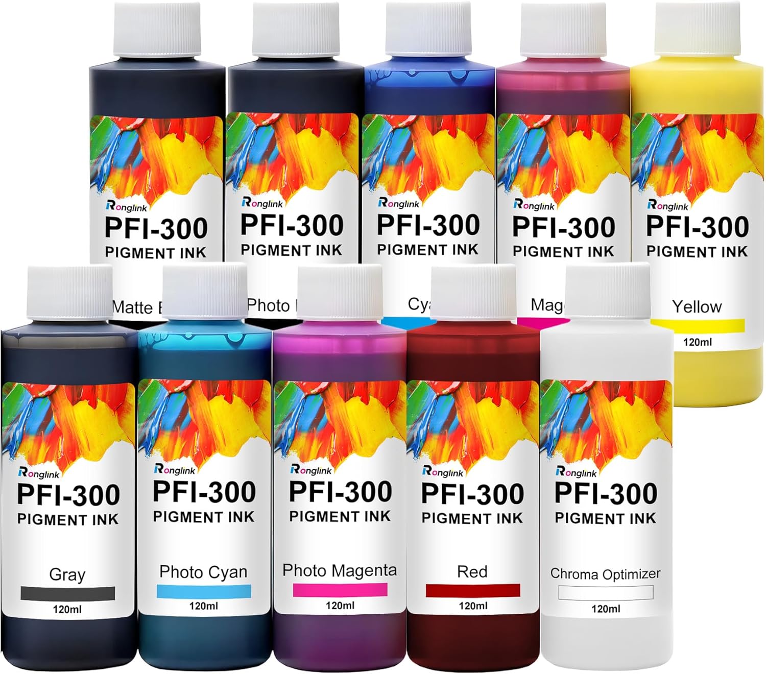 PFI-300 Refill Ink 120ML Replacement for Canon PFI300 Ink Bottle High Capactiy for imagePROGRAF Pro-300 Pro300 Pro 300 Printer (10 Bottles, MBK/PBK/C/M/Y/PM/PC/R/GY/CO)
