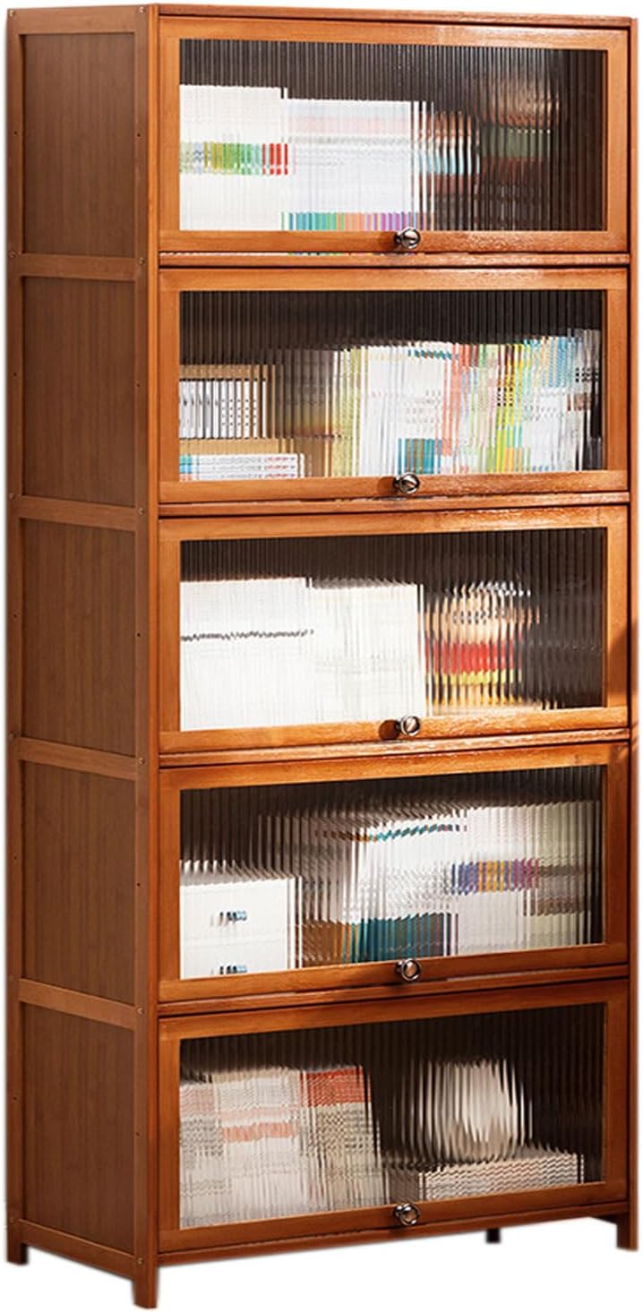 HUHJYUGE Bamboo Bookcases with Glass Flip Doors, Tall Storage Cabinet, Display Cabinet Large Capacity Collectibles Toy Display Case for Living Room, Kitchen, Pantry (5 Tier 80cm)