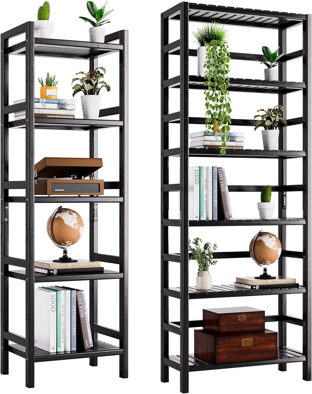 HITNET 6-Tier Bookshelf and 5-Tier Narrow Tall Bookcase Bamboo Book Shelf Bathroom Storage Rack Freestanding Shelving Unit for Living Room, Home Office, Kitchen, Black