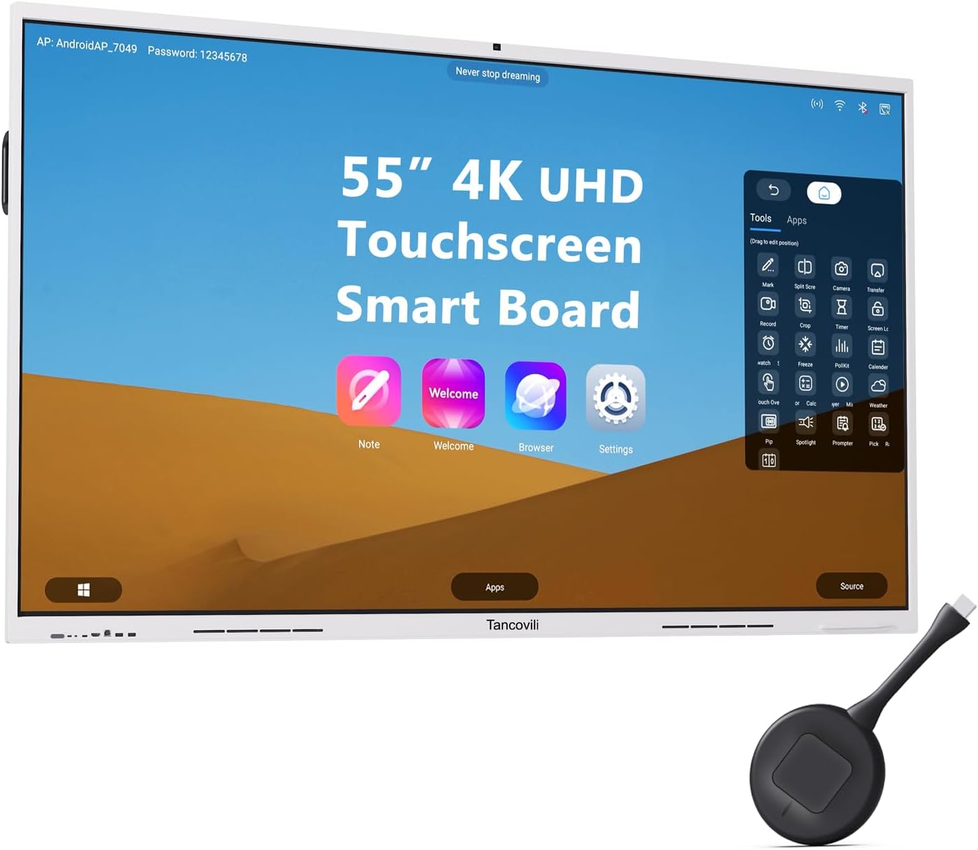 Tancovili 55 Inch Touchscreen Smart Board with Wireless Display Adapter, Android 14 4K Presentation Electronic Whiteboard for Office Classroom, Interactive Digital Display Meeting Device, 8G+128G