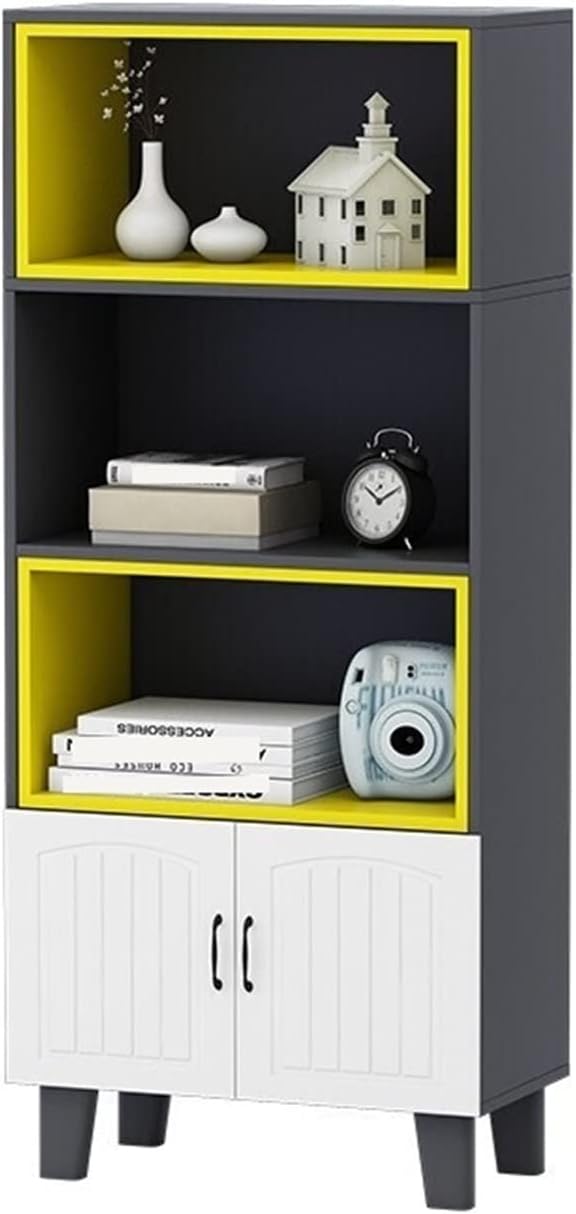 EVSER Bookshelf for Bedroom Bookshelf Floor-to-Ceiling Simple Light Luxury Living Room Bedroom Balcony Office Four-Story Bookshelf with Door Gray + Yellow Inner Frame Bookcase/Bookshelves