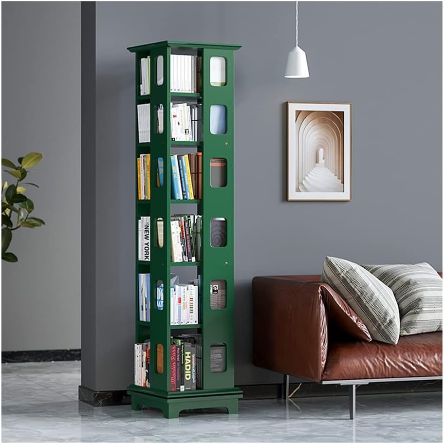 360 Degree Rotation 6-Layer Bookshelf, Floor Standing Solid Wood Bookcase, Home Office Library School Corner Shelf (Color : Green)