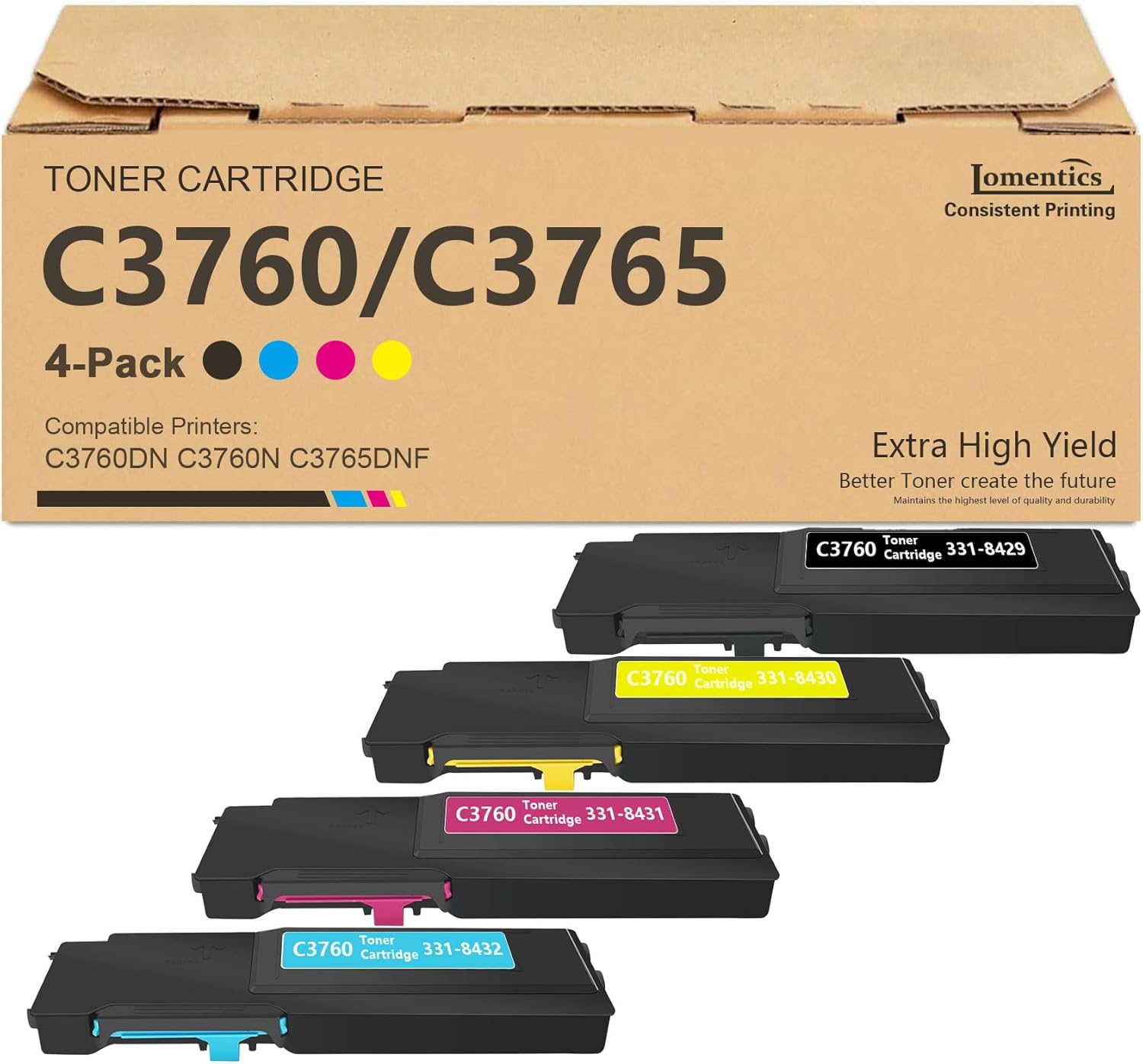 C3760 C3765 Extra High Yield Toner Cartridge 331-8429 8432 8431 8430 Replacement for Dell C3760n C3760dn C3765dnf Printer 4-Pack (BK/C/M/Y)