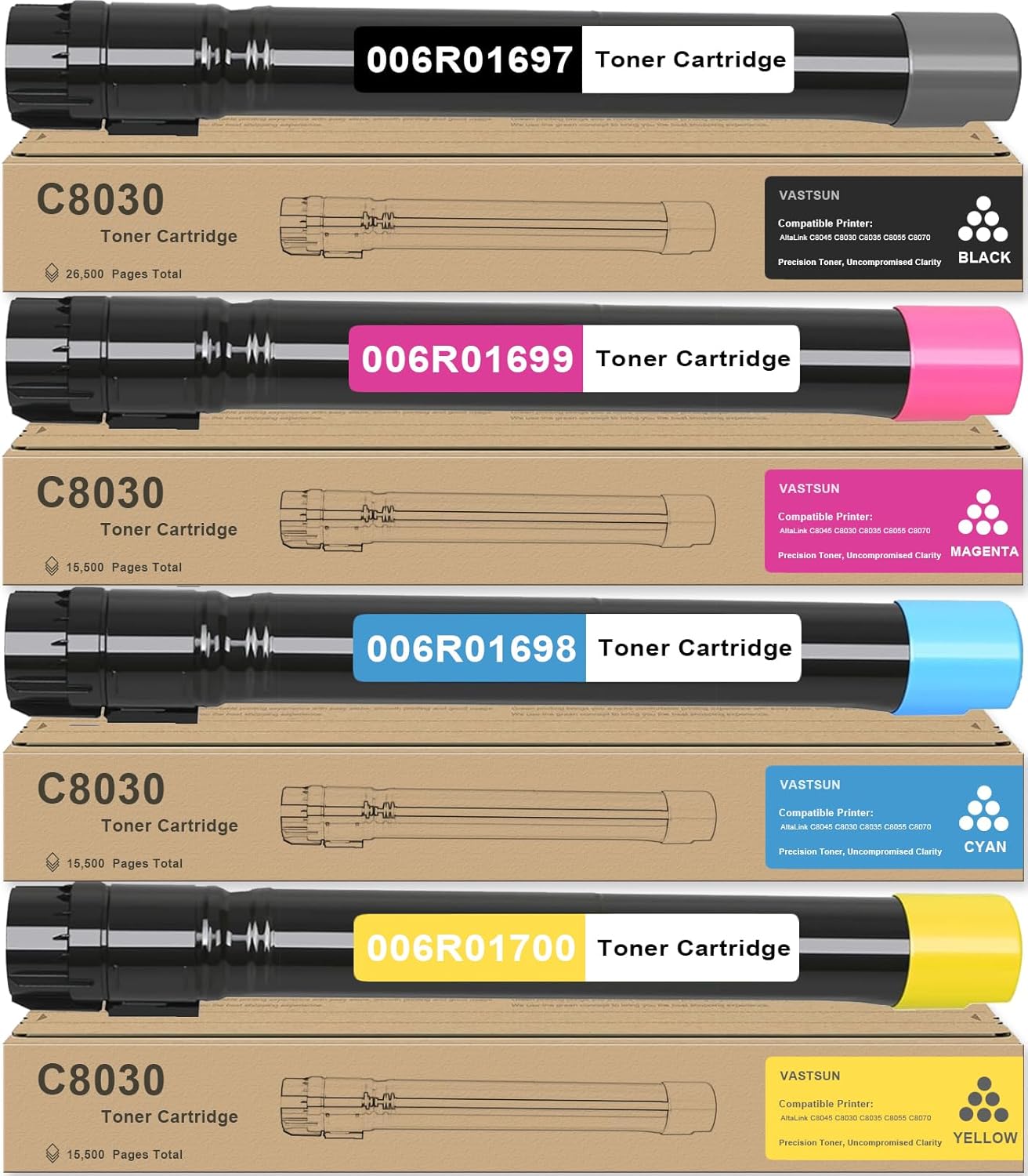 VASTSUN C8030 High Yield Toner Cartridge Compatible for Xerox 006R01697 006R01698 006R01699 006R01700 Toner for Xerox AltaLink C8030 C8035 C8045 C8055 C8070 Printer 4-Pack, Black Cyan Magenta Yellowv