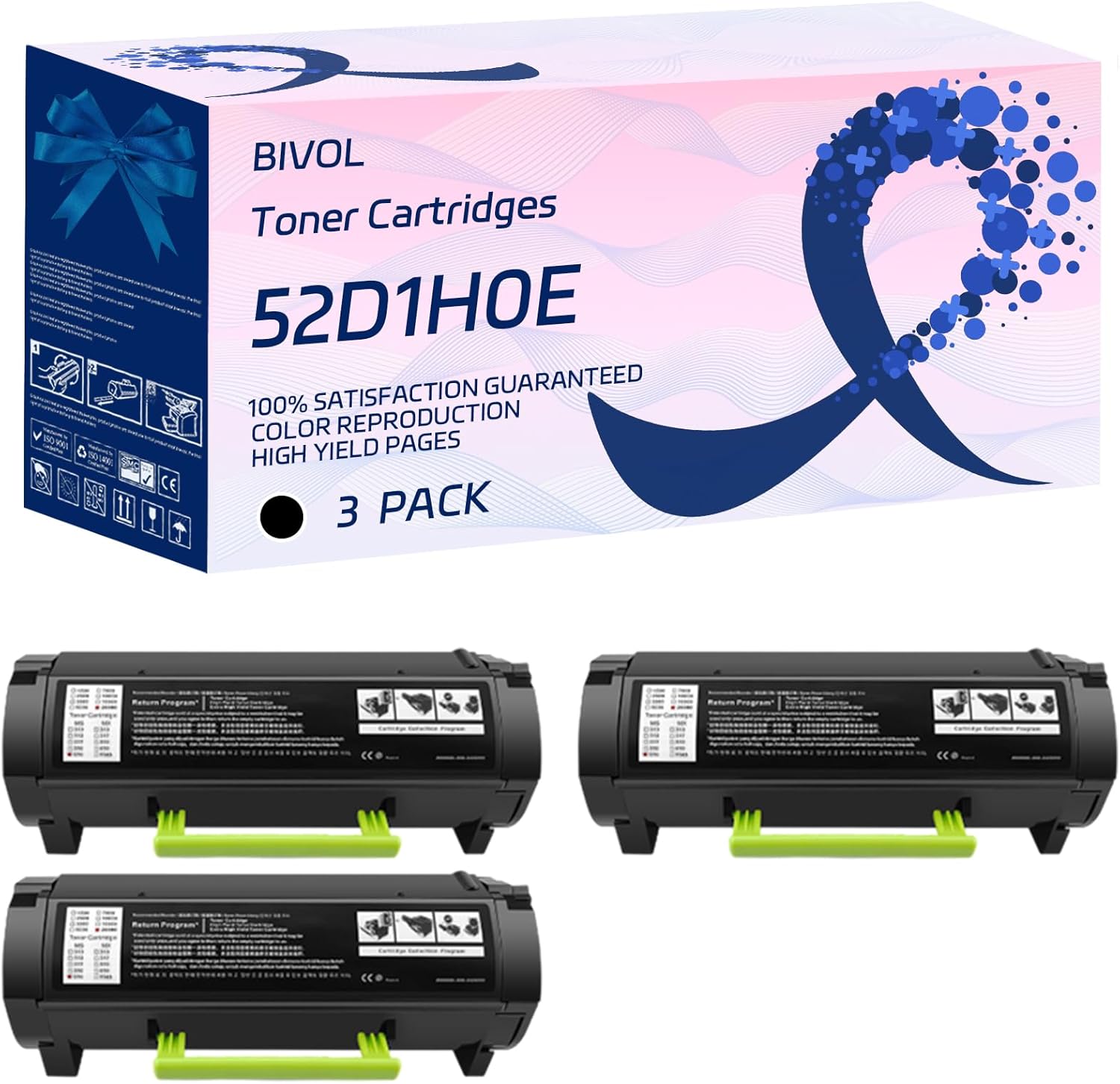BIVOL 52D1H0E Toner Cartridges Compatible for Lexmark MS810de 810dn 810dtn 811dn 811dtn 811n 812de 812dn 812dtn Printers, with Chip, High Yield 25000 Pages, Vivid Colors (3 Pack Black)