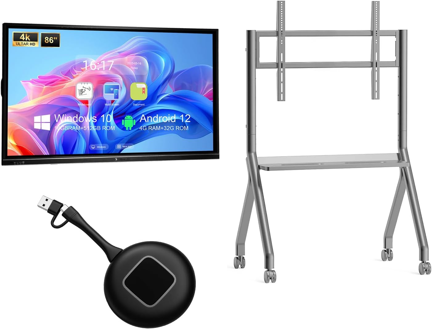 86″ Smart Board with VASE Stand and Wireless Display Adapter, 4K Interactive Whiteboard with Dual System, 16+512GB Digital Whiteboard Display for Classroom, Home and Business (Wall Mount Included)