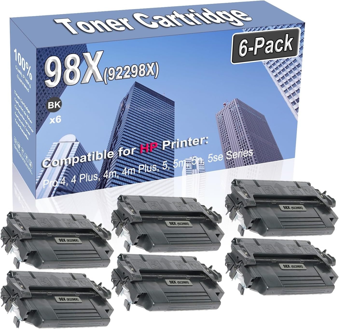 6-Pack Compatible High Capacity 98X (92298X) Printer Cartridge use for HP Pro 4 4 Plus 4m 4m Plus 5 5m 5n 5se Toner Cartridge (Black)