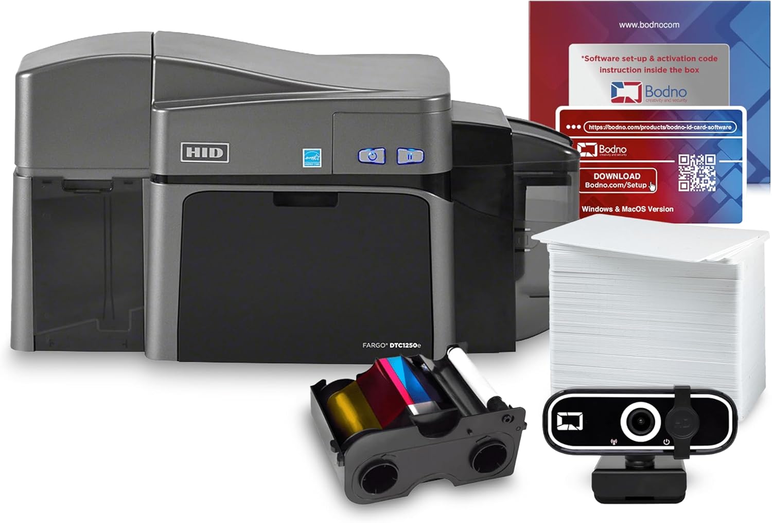 Bodno Fargo DTC1250e Dual Sided ID Card Printer & Complete Supplies Package with Silver Edition Software