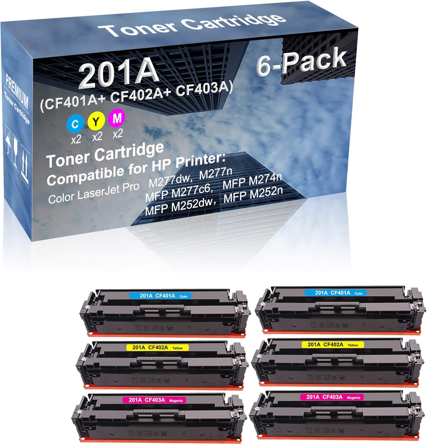 6-Pack (2C+2Y+2M) Compatible High Capacity 201A (CF401A+ CF402A+ CF403A) Toner Cartridge use for M277dw, M277n Printer