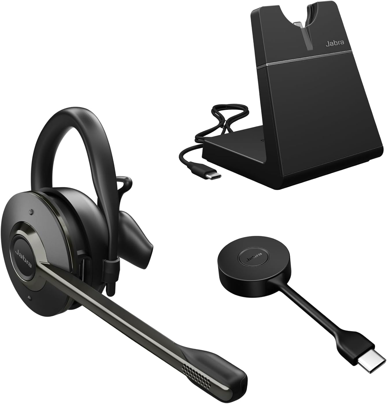 Jabra Engage 55 SE (Second Edition) Convertible Wireless Headset w/Charging Stand and Link 400 USB-C DECT Adapter – Works with All UC Platforms Like Google Meet & Zoom, Black