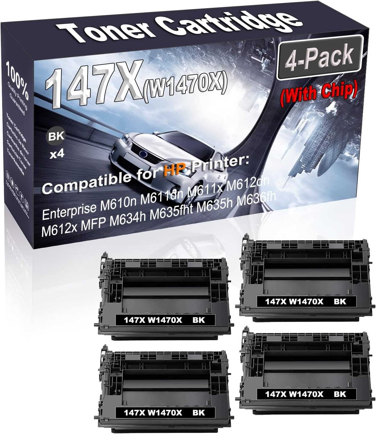 4-Pack (Black) Compatible Enterprise M610n M611dn M611x M612dn M612x Laser Printer Cartridge (High Capacity) Replacement for HP 147X W1470X (with Chip) Printer Cartridge
