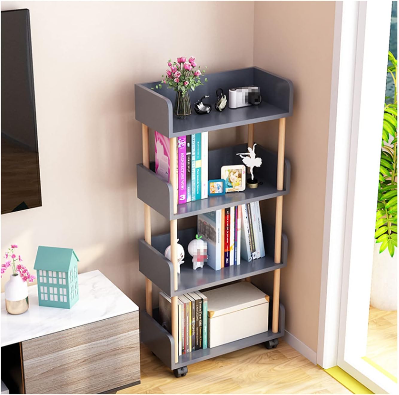 SYALEO 4 Tier Modern Open Bookshelf W/Universal Wheels Wooden Display Stand Free Standing Book Storage Rack Multifunctional Bookcase for Home