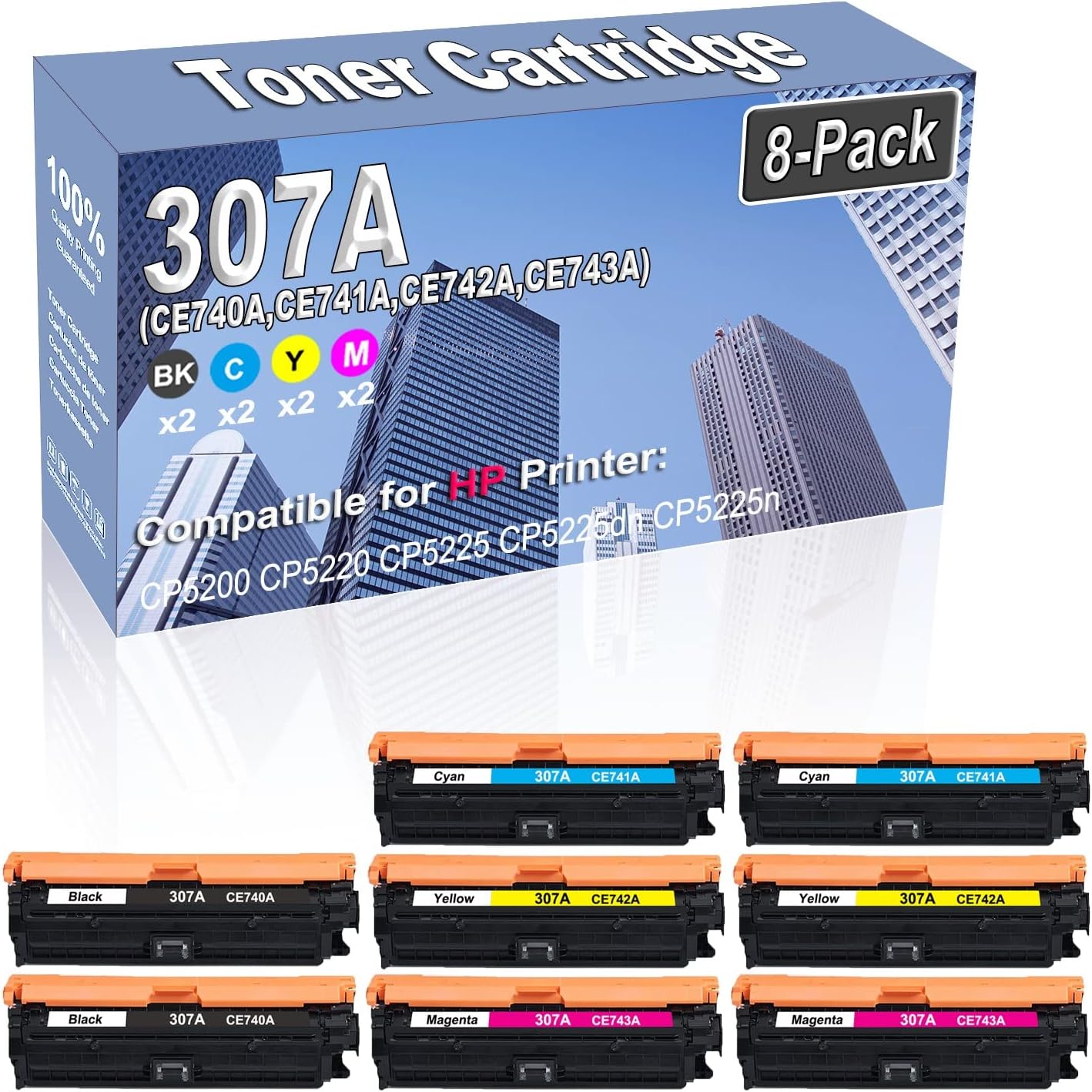 8-Pack (2BK/2C/2Y/2M) Compatible High Capacity 307A (CE740A CE741A CE742A CE743A) Toner Cartridge Used for HP CP5200 CP5220 CP5225 CP5225dn CP5225n Printer
