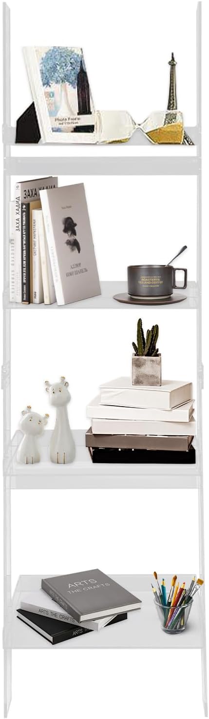 Unndysrt 4-Tier Acrylic Ladder Bookshelf - Clear Leaning Bookcase Display Stand for Living Room, Office & Bedroom - Modern Multipurpose Storage Shelf