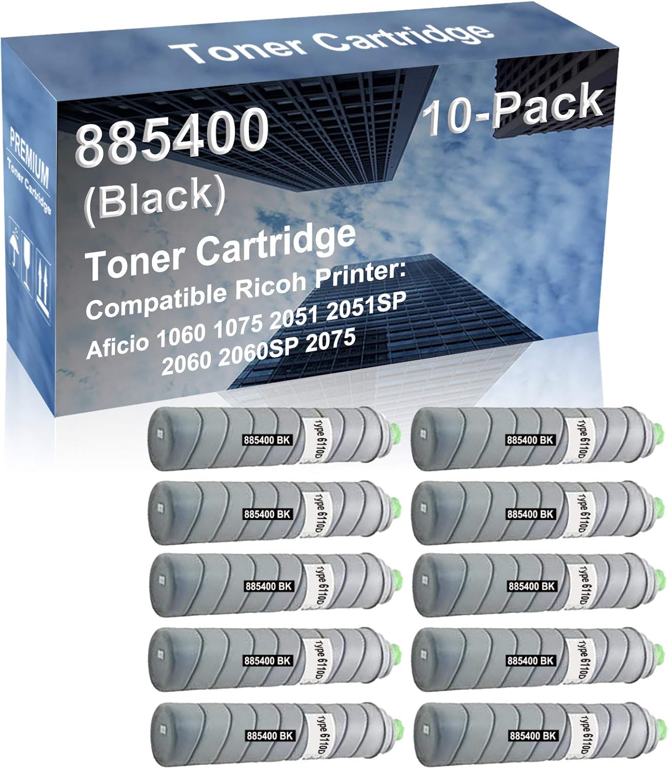 10-Pack Compatible High Capacity 885400 (Type 6110D) Printer Cartridge use for Ricoh Aficio 6002 7502 DSM651 DSM651SP 660SP 675 Printer (Black)