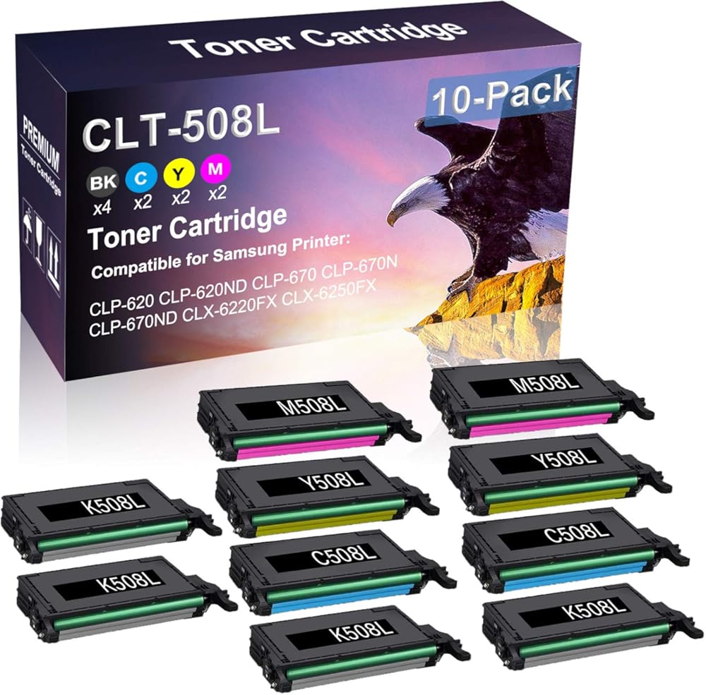 10 Pack (4BK+2C+2Y+2M) Compatible High Yield CLT-508L CLT-K508L CLT-C508L CLT-Y508L CLT-M508L Printer Cartridge Use for Samsung CLP-620 CLP-620ND Printer