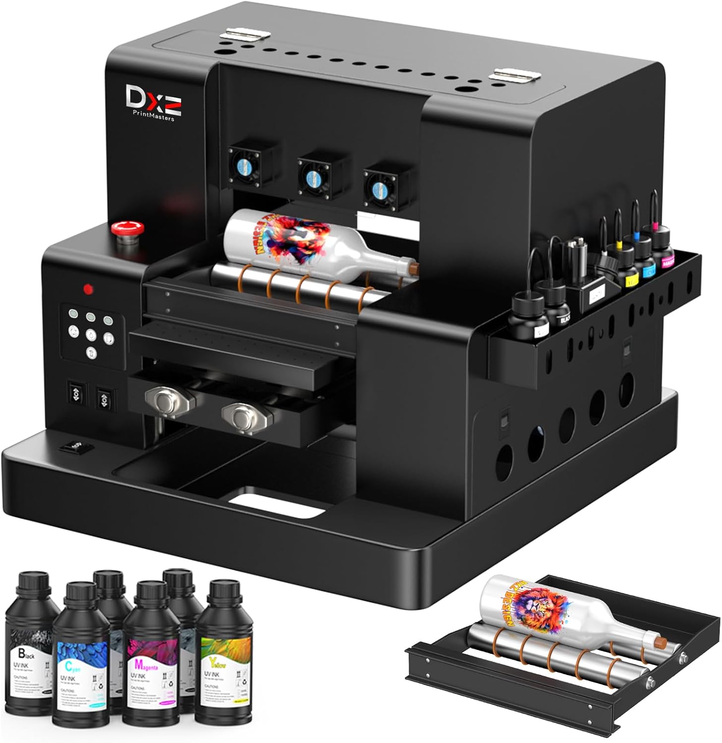 DXZ Upgraded A4 UV Printer with L805 6-Color Printhead, Vacuum Platform & White Ink System – High-Resolution Flatbed Printing for Phone Cases, Bottles & More,2-Year Ink Included （Printer+Ink）