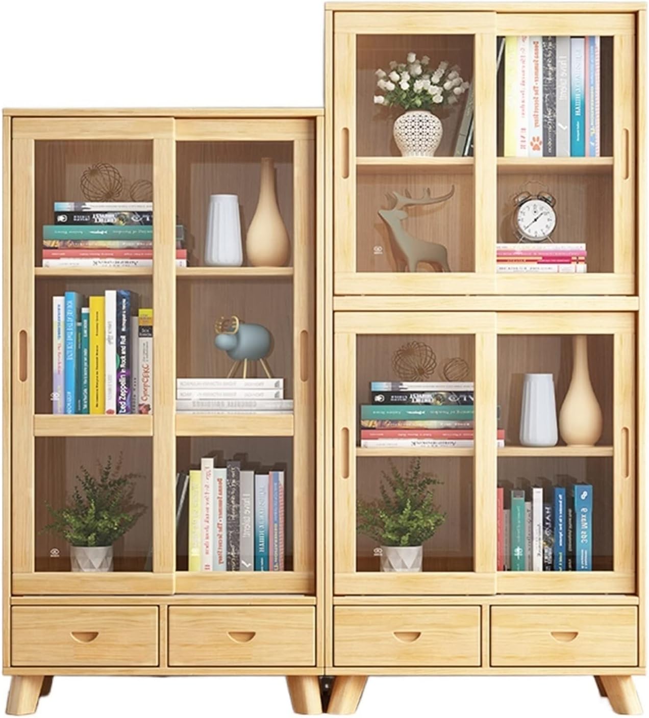 Solid Wood Bookcase with Glass Door, Simple and Modern Living Room Shelf, Floor-to-Ceiling Student Bookshelf Storage Cabinet MINGPING (Color : L3+L6 160cm with Drawer)