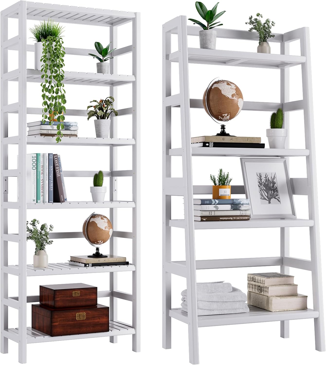 HITNET 6-Tier Tall Bookshelf and 4-Tier Ladder Shelf, Freestanding Open Bookcase Bamboo Book Shelf Bathroom Storage Shelf Unit for Small Space, White
