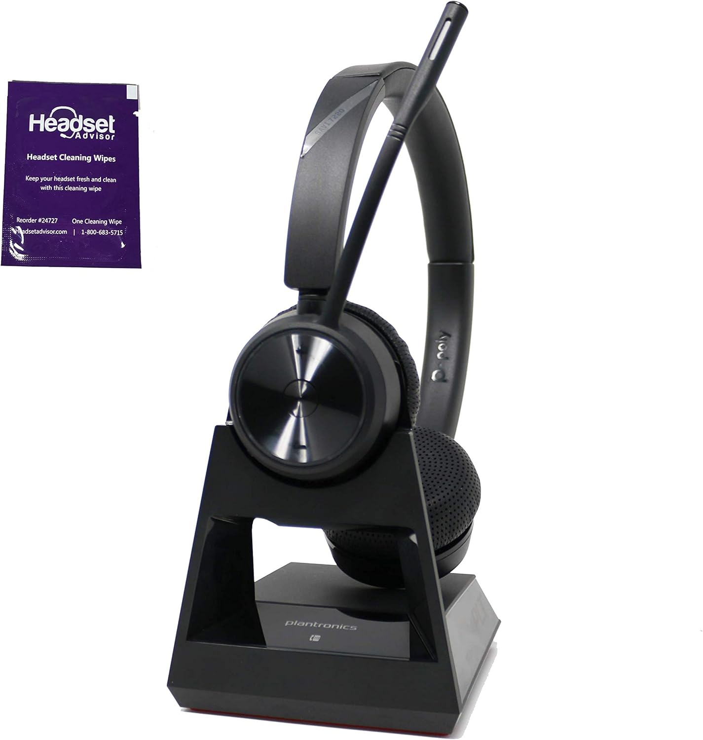 Plantronics Savi 7220 Office Dual Speaker Wireless Headset for Desk Phones Bundle with Headset Advisor Wipe