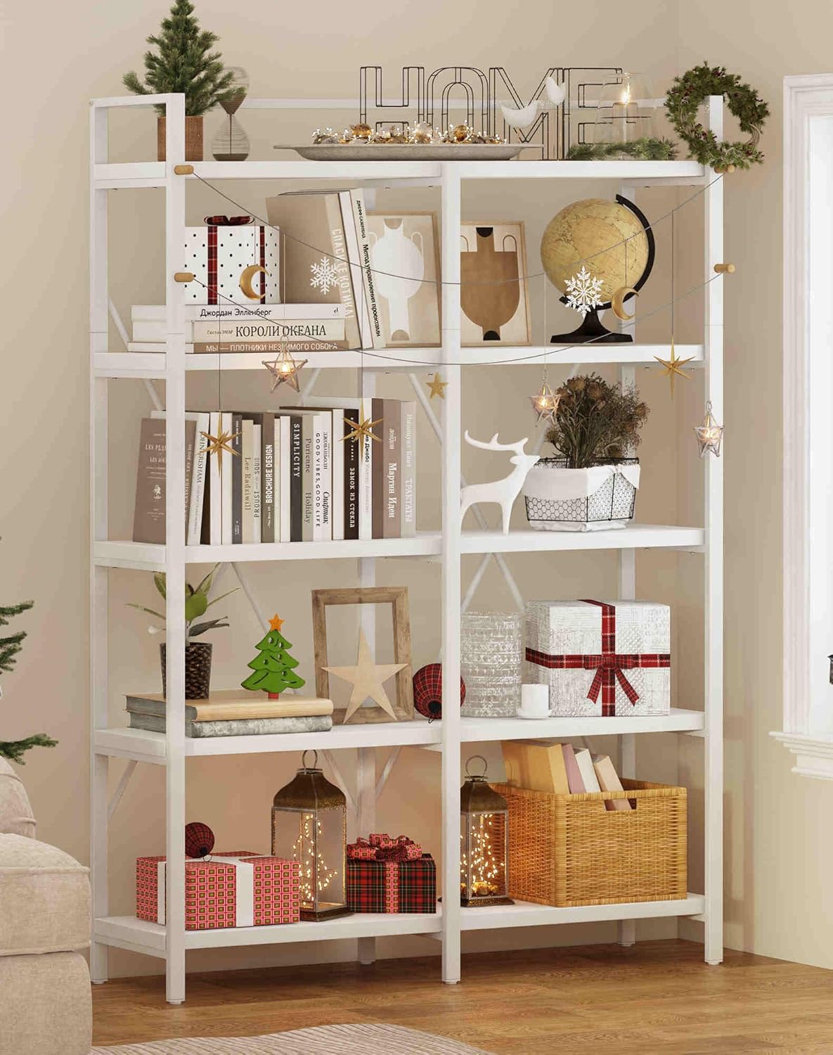 FATORRI Bookshelves and Bookcases, 5 Tier Tall Wood Metal Bookshelf, 51in Wide Bookcase Modern Shelving Unite for Home Office, Living Room, Bedroom (White Oak)