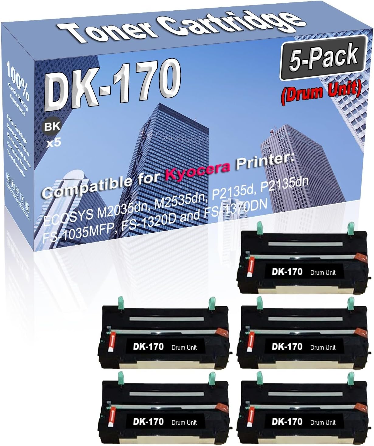 Credibility Store 5-Pack Compatible High Capacity DK-170 DK170 302LZ93061 Printer Drum Unit use for Kyocera ECOSYS M2035dn M2535dn P2135d P2135dn FS-1035MFP FS-1320D and FS-1370DN Drum Kit (Black)