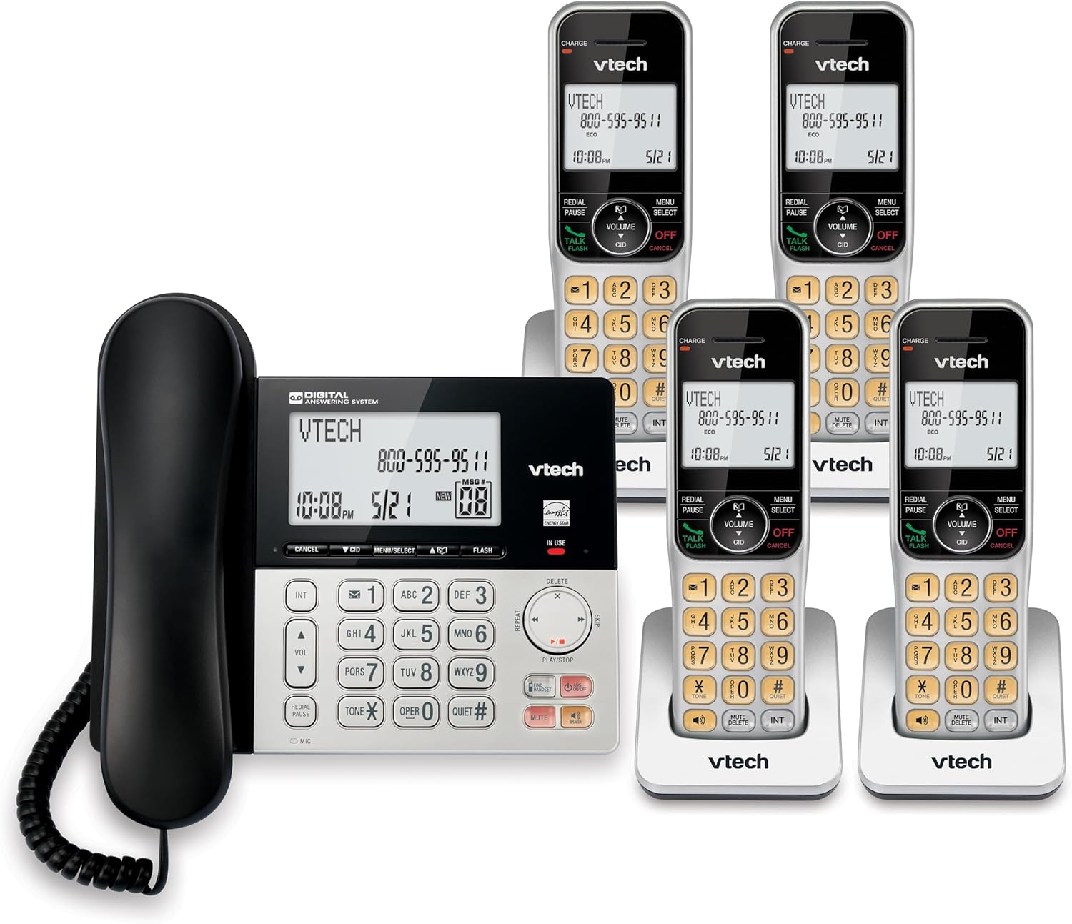 VTech VG208-4 DECT 6.0 4-Handset Corded/Cordless Phone for Home with Answering Machine, Call Blocking, Caller ID, Large Backlit Display, Duplex Speakerphone, Intercom, Line-Power Backup(Silver/Black)