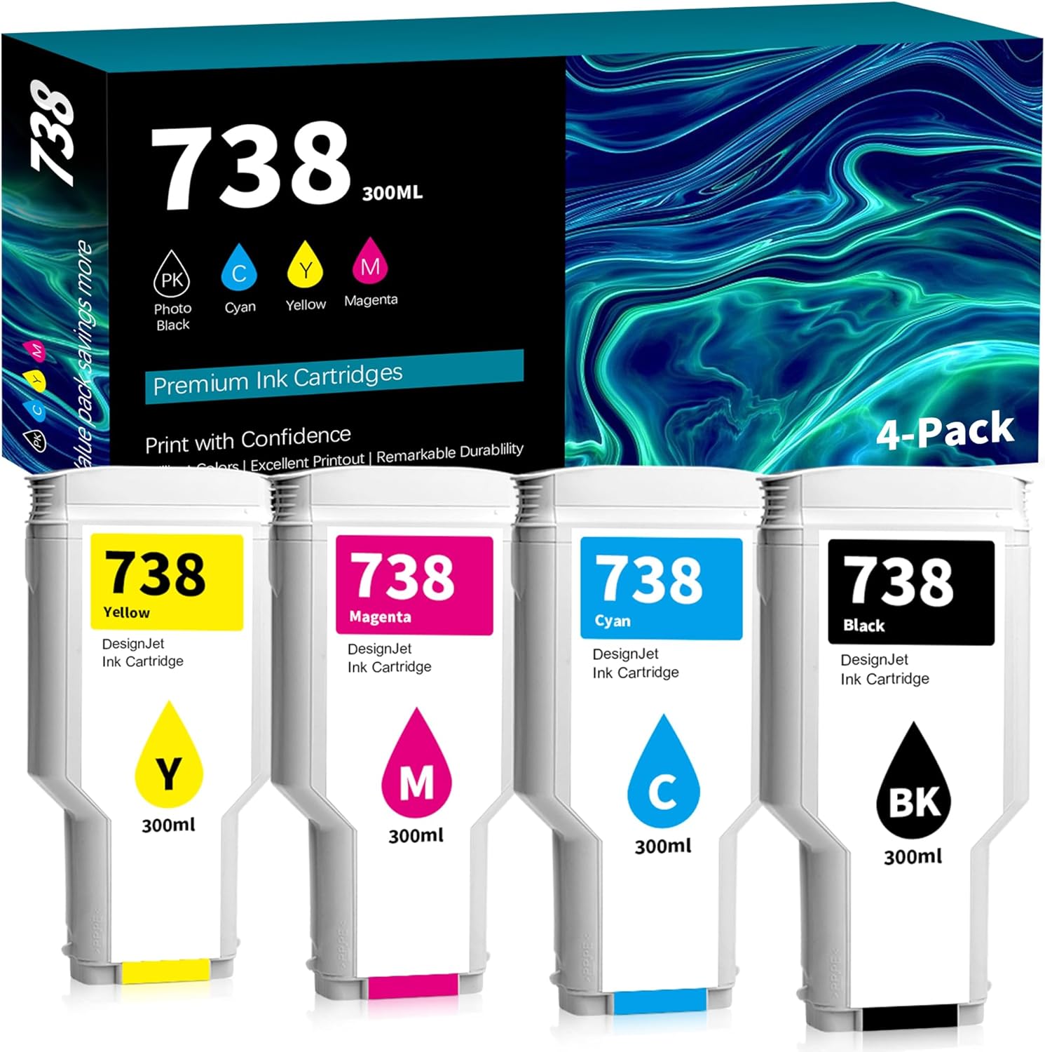 738 Ink Cartridges (300ml X 4, Black Magenta Cyan Yellow), 738XL Ink Cartridge Replacement for HP DesignJet T850 & DesignJet T950 Wide Format Printer (498N8A 676M6A 676M7A 676M8A)