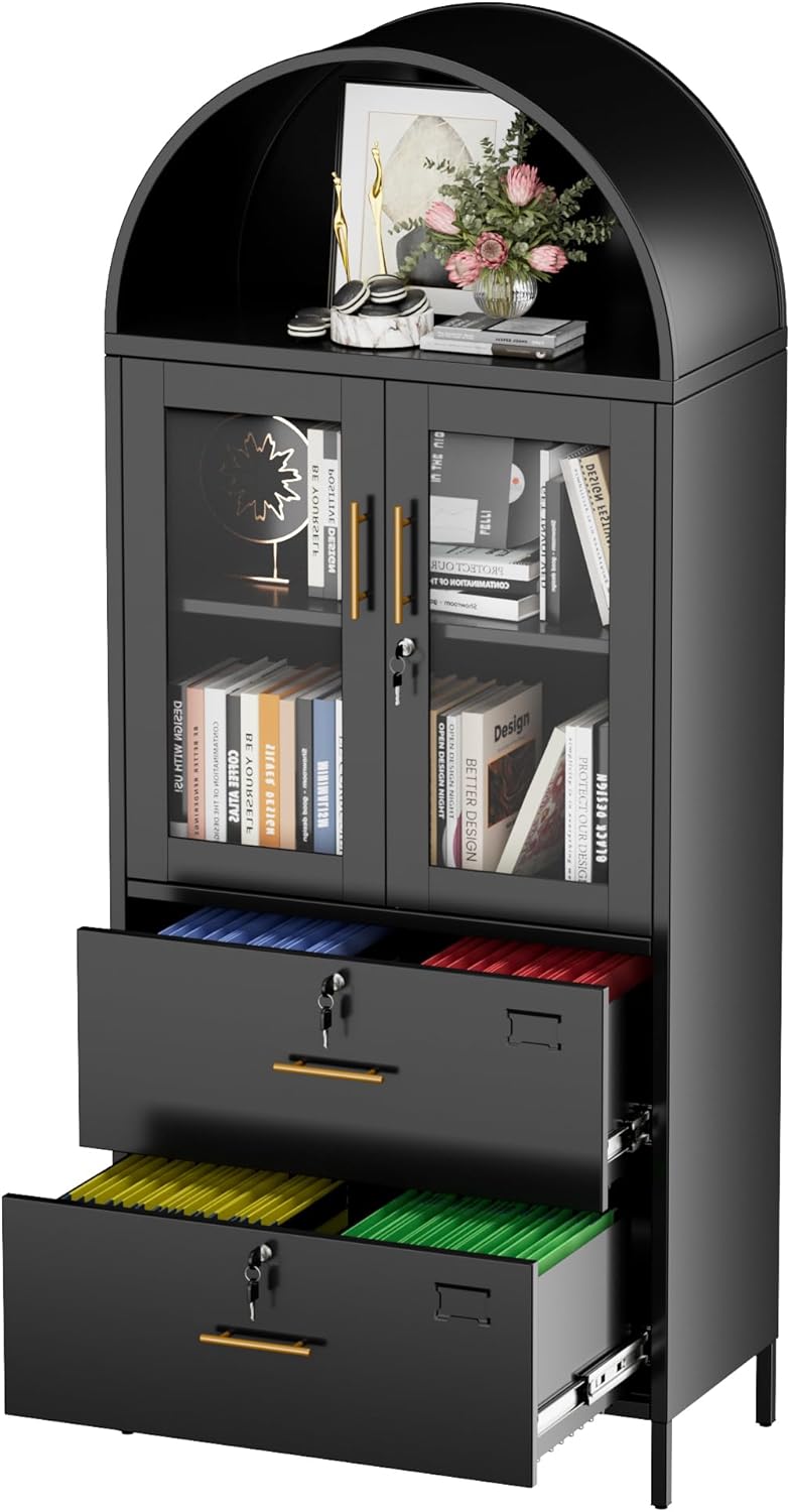 GangMei Tall Metal Arch Cabinet, Filing Cabinet for Home Office, Black Arched Bookcase with Locking Glass Doors and Drawers(Assemble Required)