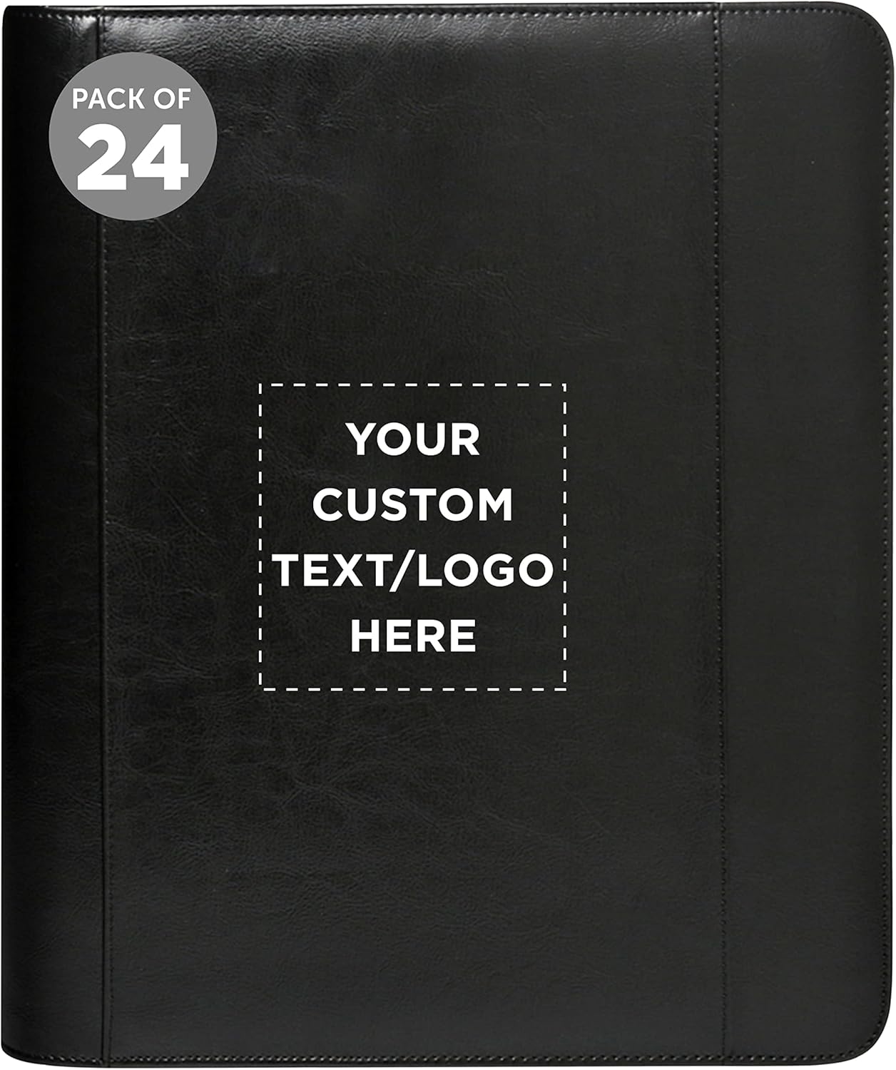 DISCOUNT PROMOS Custom Deluxe 3-Ring Zippered Portfolios Set of 24, Personalized Bulk Pack - Leatherette Sophisticated Look, Durable, Perfect for School, Office, Business or Home - Black