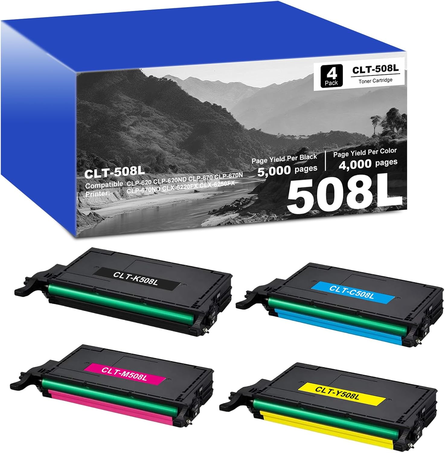 CLT508L CLT-508L Toner Cartridge Compatible for Samsung CLT 508L CLT-K508L CLT-C508L CLT-M508L CLT-Y508L Toner for CLP-620 CLP-620ND CLP-670 CLP-670N CLP-670ND CLX-6220FX CLX-6250FX Printer, 4 Pack
