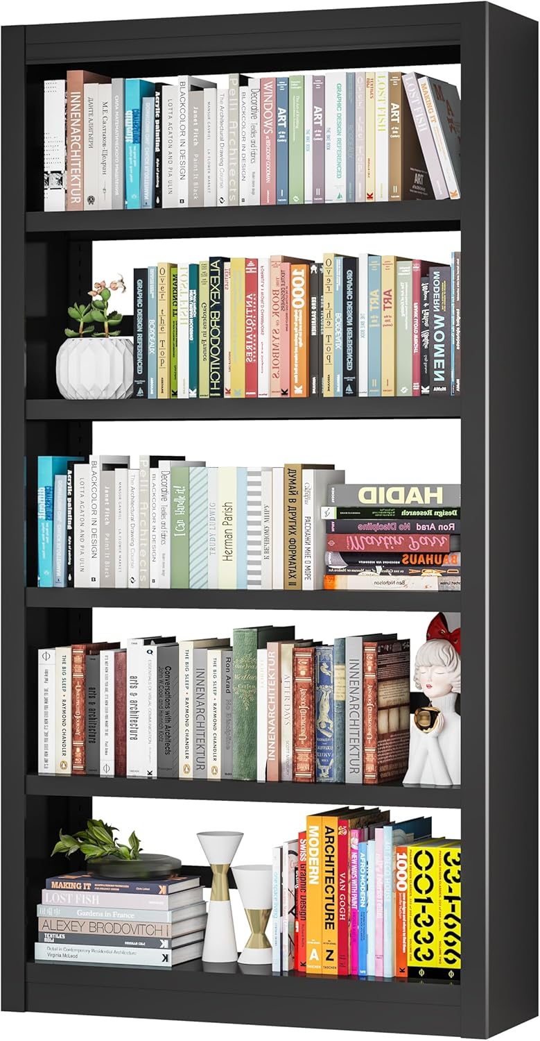 VASAAOSD Metal Bookshelf - Adjustable Black Bookcase, 5 Tier Book Shelf, Heavy Duty Sturdy Book Case, Modern Bookshelves and Bookcases for Home Office, Living Room, Bedroom, Library(69