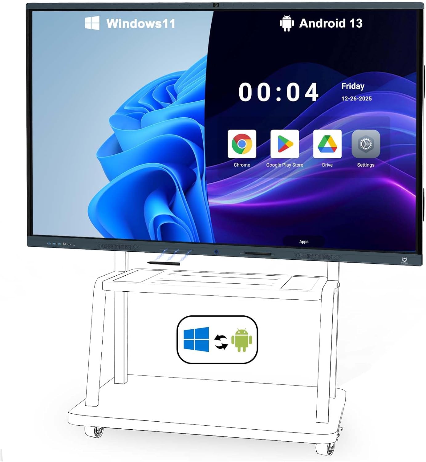 LINGHUFOX Smart Board, 86” Digital whiteboard with Windows 11 Pro 13th i7 16+256G & Android 13, Built-in AI Camera and 8 Mics-4K Touchscreen Interactive Whiteboard for Classroom Office Home