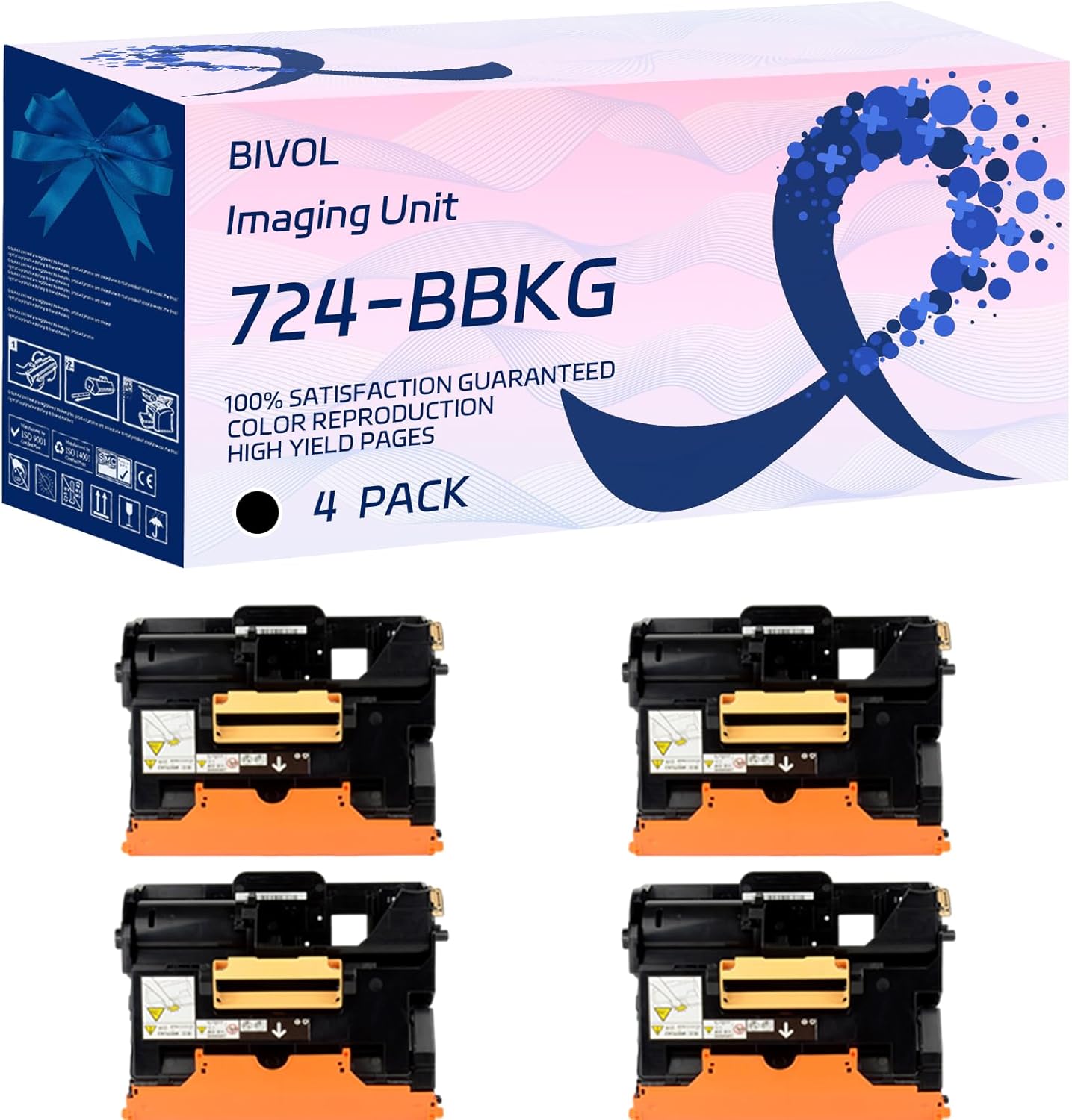BIVOL 724BBKG Drum Unit Compatible for Dell H815dw S2815dn S2810dn Printers, with Chip, High Yield 9500 Pages (4 Pack Black)
