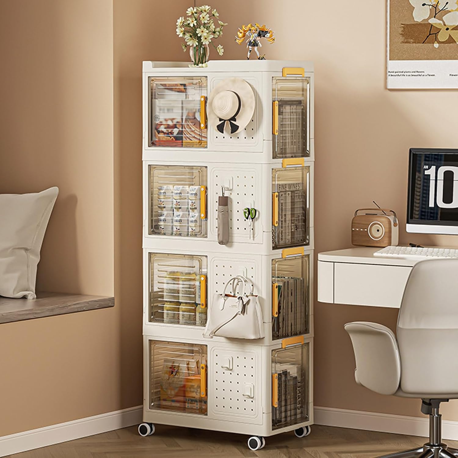 EFGETD Movable Book Box Foldable Bookshelf Indoor Storage Cabinet with Pegboard, Save Space with Universal Wheel Bookcase for Home, Office, Classroom(3rd Floor)