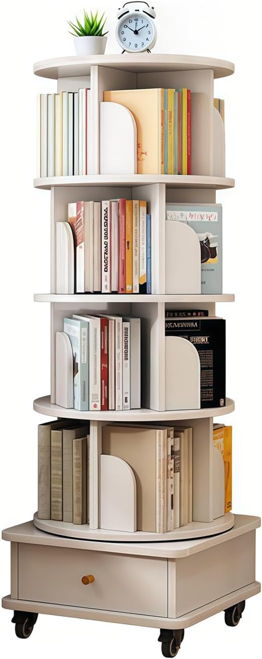 BYCDD Rotating Spinning Bookshelf Tower, 360° Revolving Bookcase for Kids & Adults, Round Space-Saving Corner Organization Storage Shelf for Bedroom Living Room Home Office,White1，5Tier,