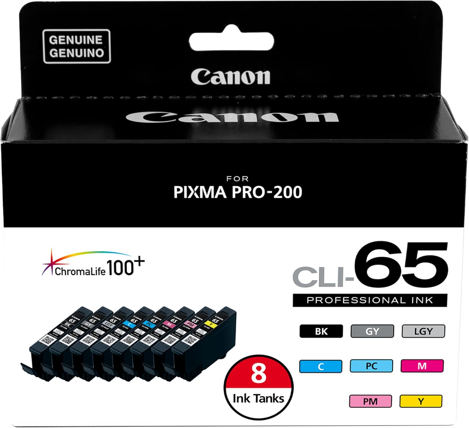 Canon CLI-65 Genuine Eight Color Pack, Compatible with PIXMA PRO-200, and PIXMA PRO-200S Printers